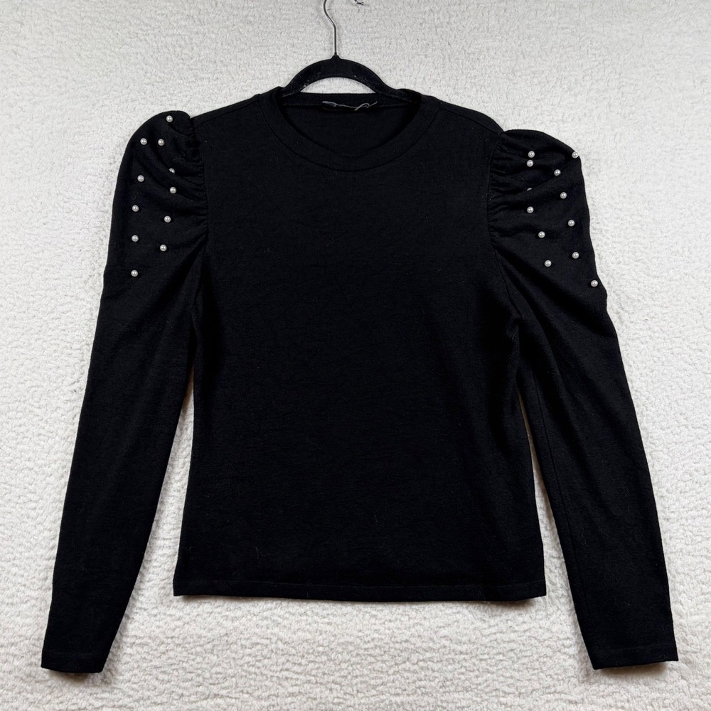 Pomander Place Pearl Shoulder Puff Sleeve Knit Sweater L Black Coquette Romantic